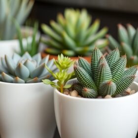 A charming assortment of succulents in minimalist white pots.