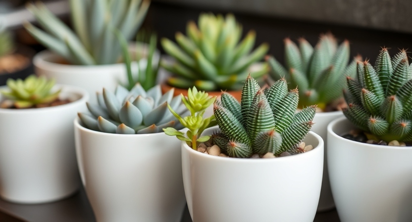 A charming assortment of succulents in minimalist white pots.